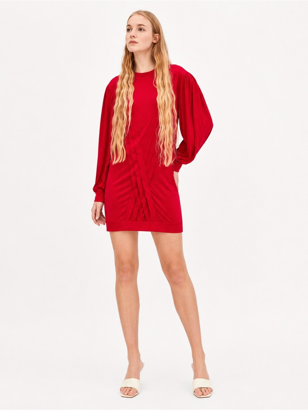 ZARA Red Pleated Tunic Dress Long Bishop Sleeves Shift